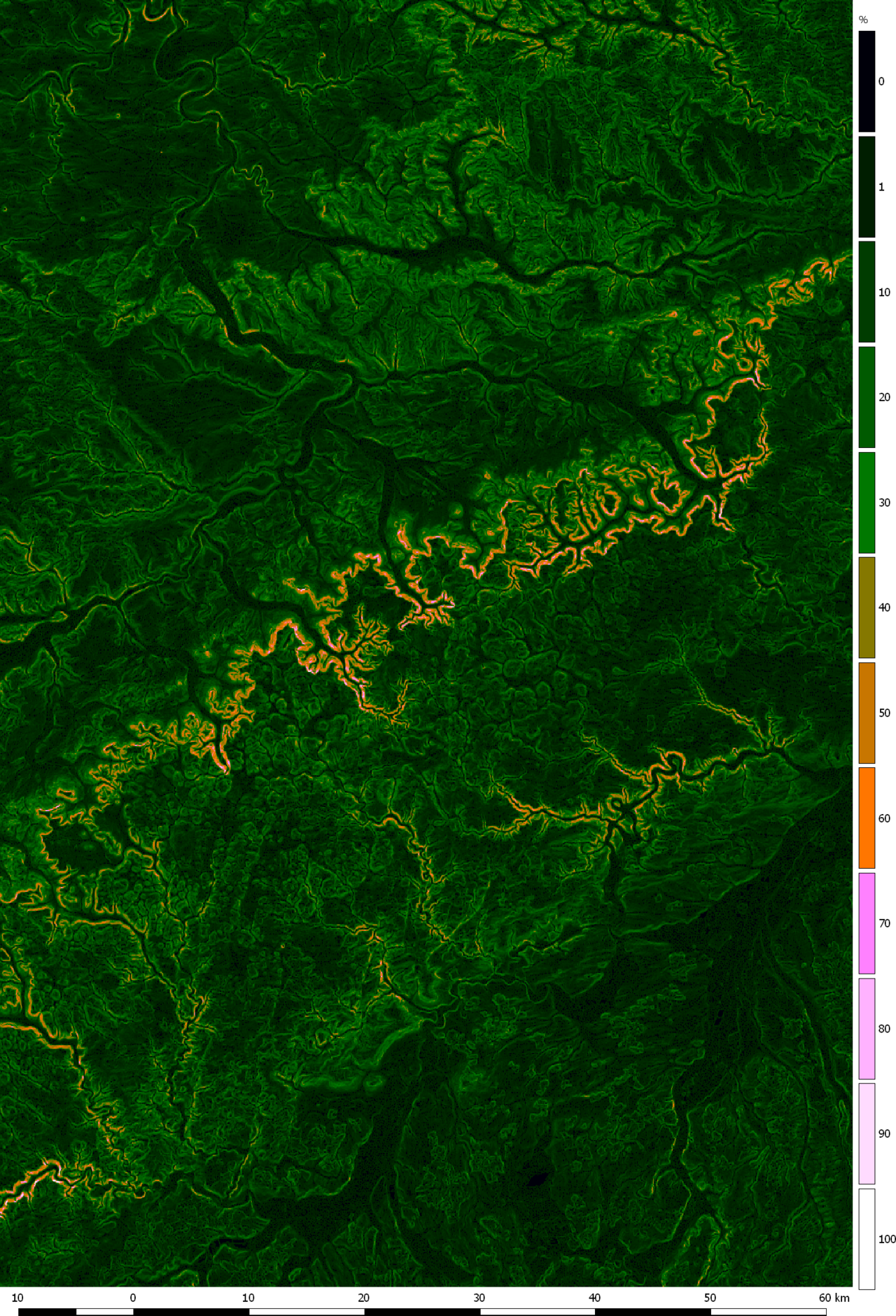Mapa de pendiente del terreno calculado a partir del modelo digital del terreno