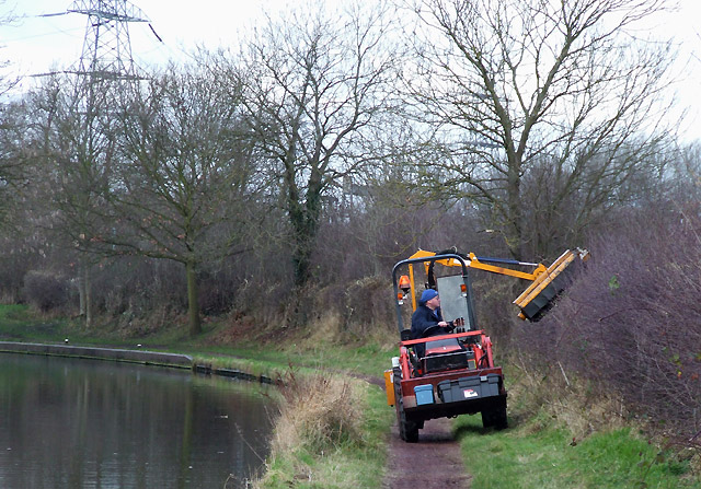tractor podando árboles cerca de un canal