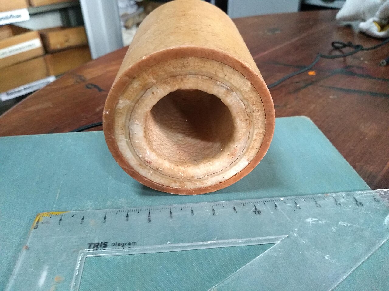 Muestra de suelo (núcleo) con incrustaciones salinas, tomada en el laboratorio
